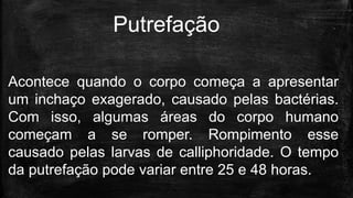 Acontece quando o corpo começa a apresentar
um inchaço exagerado, causado pelas bactérias.
Com isso, algumas áreas do corpo humano
começam a se romper. Rompimento esse
causado pelas larvas de calliphoridade. O tempo
da putrefação pode variar entre 25 e 48 horas.
Putrefação
 