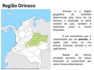 Região Orinoco
Orinoco é a Região
geográfica da Colômbia
determinada pela bacia do rio
Orinoco, e localizado na parte
oriental do país, também é
conhecido como o Llanos
Orientales.
É um ecossistema que é
caracterizado por um planalto. A
região está entre os rios
Arauca, Guaviare, Orinoco e no
sopé llanero.
Região de intensa
atividade pecuária. Os Llanos
Orientales se caracterizam por
serem Savanas Neotropicais.
http://commons.wikimedia.org/wiki/File:Region_Orinoquia_de_Colombia.png
 