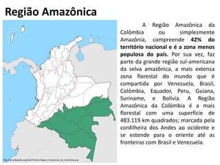Região Amazônica
A Região Amazônica da
Colômbia ou simplesmente
Amazônia, compreende 42% do
território nacional e é a zona menos
populosa do país. Por sua vez, faz
parte da grande região sul-americana
da selva amazônica, a mais extensa
zona florestal do mundo que é
compartida por Venezuela, Brasil,
Colômbia, Equador, Peru, Guiana,
Suriname, e Bolívia. A Região
Amazônica da Colômbia é a mais
florestal com uma superfície de
483.119 km quadrados; marcada pela
cordilheira dos Andes ao ocidente e
se estende para o oriente até as
fronteiras com Brasil e Venezuela.
http://pt.wikipedia.org/wiki/Ficheiro:Region_Amazonica_de_Colombia.png
 