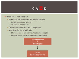 C-A-   B -D
 Breath – Ventilação
   Ausência de movimentos respiratórios
     Respiração boca a boca
     2ª opção: boca-nariz
   Duração da ventilação: 1 segundo
   Verificação da eficiência
     Elevação do tórax na insuflação/inspiração
     Escape de ar das vias aéreas na expiração

                               30 compressões
                                      x
                                2 insuflações




                                  10-12
                           insuflações/minuto
 