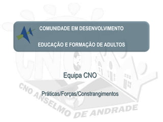 COMUNIDADE EM DESENVOLVIMENTO

EDUCAÇÃO E FORMAÇÃO DE ADULTOS




          Equipa CNO

 Práticas/Forças/Constrangimentos
 