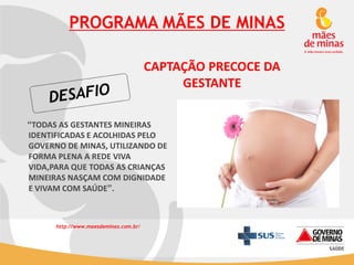 PROGRAMA MÃES DE MINAS
CAPTAÇÃO PRECOCE DA
GESTANTE
“TODAS AS GESTANTES MINEIRAS
IDENTIFICADAS E ACOLHIDAS PELO
GOVERNO DE MINAS, UTILIZANDO DE
FORMA PLENA A REDE VIVA
VIDA,PARA QUE TODAS AS CRIANÇAS
MINEIRAS NASÇAM COM DIGNIDADE
E VIVAM COM SAÚDE”.

http://www.maesdeminas.com.br/

 