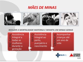 MÃES DE MINAS

Assistência
Integral ao
parto,
puerpério e
nascimento

CRIANÇAS

Assistência
Integral a
todas as
mulheres
durante a
gestação

PARTO

PRÉ-NATAL

REDUZIR A MORTALIDADE MATERNA E INFANTIL EM MINAS GERAIS

Acompanhar
crianças até
um ano de
vida

 