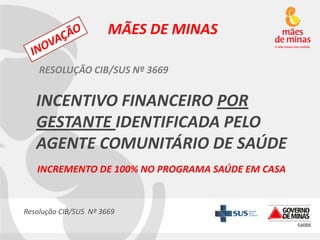 MÃES DE MINAS
RESOLUÇÃO CIB/SUS Nº 3669

INCENTIVO FINANCEIRO POR
GESTANTE IDENTIFICADA PELO
AGENTE COMUNITÁRIO DE SAÚDE
INCREMENTO DE 100% NO PROGRAMA SAÚDE EM CASA

Resolução CIB/SUS Nº 3669

 
