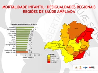 MORTALIDADE INFANTIL: DESIGUALDADES REGIONAIS
REGIÕES DE SAÚDE AMPLIADA

Taxa de Mortalidade Infantil (2010 - 2012)

19,1
17,2
15,3
15
14,3
13,5
13,3
13
12,7
11,9
11,7
11,4
10,5
12,8

Nordeste
Jequitinhonha
Sudeste
Leste do Sul
Centro Sul
Norte
Leste
Oeste
Noroeste
Triângulo do Sul
Sul
Centro
Triângulo do Norte
MINAS GERAIS
0

5

10
15
20
Tx por 1.000 NV

Norte
Nordeste

Jequitinhonha

Noroeste

Centro

Triângulo do Norte

Leste
Triângulo do Sul

Oeste
Leste do sul

25

Legenda:
até 11,9
11,9 --| 13,3
13,3 --| 15
15--| 19,1

Centro
sul
Sul

Sudeste

 