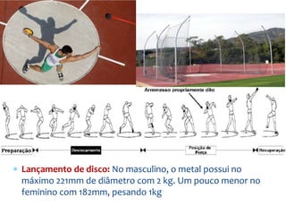  Lançamento de disco: No masculino, o metal possui no
máximo 221mm de diâmetro com 2 kg. Um pouco menor no
feminino com 182mm, pesando 1kg
 