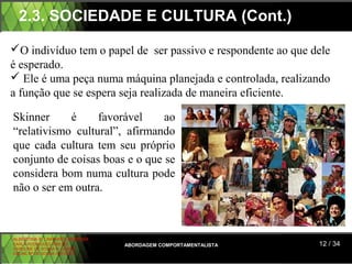 2.3. SOCIEDADE E CULTURA (Cont.)

O indivíduo tem o papel de ser passivo e respondente ao que dele
é esperado.
 Ele é uma peça numa máquina planejada e controlada, realizando
a função que se espera seja realizada de maneira eficiente.

Skinner     é     favorável     ao
“relativismo cultural”, afirmando
que cada cultura tem seu próprio
conjunto de coisas boas e o que se
considera bom numa cultura pode
não o ser em outra.



ALBERTINA B. LINHARES BARBOSA
CARLA RODRIGUES RIBEIRO         ABORDAGEM COMPORTAMENTALISTA   12 / 34
CAROLINE DE SOUSA B. GOMES
CELINE Mª DE SOUSA AZEVEDO
 