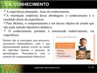2.4. CONHECIMENTO
A experiência planejada - base do conhecimento.
A orientação empirista dessa abordagem: o conhecimento é o
resultado direto da experiência.
Para Skinner, o comportamento é um desses objetos de estudo que
não pede método hipotético-dedutivo.
 O conhecimento, portanto, é estruturado indutivamente, via
experiência.
Skinner não se preocupou com processos,
constructos intermediários, com o que
hipoteticamente poderia ocorrer na mente
do indivíduo durante o processo de
aprendizagem. Preocupou-se com o
controle do comportamento observável.


ALBERTINA B. LINHARES BARBOSA
CARLA RODRIGUES RIBEIRO         ABORDAGEM COMPORTAMENTALISTA   13 / 34
CAROLINE DE SOUSA B. GOMES
CELINE Mª DE SOUSA AZEVEDO
 