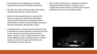 • O ciclo vigília sono é regulado por neurônios
hipotalâmicos do Sistema Ativador Ascendente.
• Durante o dia, estes neurônios estão muito ativos,
ativando intensamente o córtex cerebral.
• Ao final do dia, aproximando-se o momento de
dormir, um grupo de neurônios do hipotálamo
anterior (núcleo pré-optico ventrolateral) inibe a
atividade dos neurônios monoaminérgios do Sistema
Ativador Ascendente, desativando o córtex.
• Simultaneamente, o núcleo reticular do tálamo inibe
a atividade dos núcleos talâmicos sensitivos, barrando
as vias sensoriais de enviarem estímulos para a
córtex. Inicia-se, assim, o estado de sono de ondas
lentas (NREM), quando a atividade elétrica cortical é
devida a circuitos intrínsecos sem influência de
informações sensoriais externas.
• Pouco antes do despertar, os neurônios do Sistema
Ativador Ascendente voltam a disparar, cessa a
inibição dos núcleos talâmicos sensitivos pelo núcleos
reticular e inicia-se novo período de vigília.
 