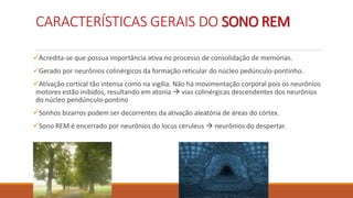 CARACTERÍSTICAS GERAIS DO SONO REM
Acredita-se que possua importância ativa no processo de consolidação de memórias.
Gerado por neurônios colinérgicos da formação reticular do núcleo pedúnculo-pontinho.
Ativação cortical tão intensa como na vigília. Não há movimentação corporal pois os neurônios
motores estão inibidos, resultando em atonia  vias colinérgicas descendentes dos neurônios
do núcleo pendúnculo-pontino
Sonhos bizarros podem ser decorrentes da ativação aleatória de áreas do córtex.
Sono REM é encerrado por neurônios do locus ceruleus  neurônios do despertar.
 