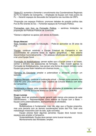 *Sobre PJ: aumentar e fomentar o envolvimento dos Coordenadores Regionais
da PJ no trabalho da Campanha. – Ampliação da Equipe com mais jovens da
PJ. – Garantir espaços de discussão da Campanha nas reuniões da CRPJ.

*Proporção nos espaços Políticos: promover debates de posição política das
PJs do Rio Grande do Sul. – Fomentar espaços de Formação Política.

*Formações com foco na Formação Política. – sentimos limitações na
proposição de Políticas Públicas de Juventude.

*Clarear e objetivar os apoios com atores do Estado.


Grupo Abacaxi
*Eixo Temático centrado na Educação. – Pode-se aproveitar os 30 anos da
PJE.

*Equipe: continuar existindo a Equipe Estadual da Campanha e nas
possibilidades ter presente todas as regiões geográficas. – Não adianta
descentralizar burocraticamente. – Ter pessoas referências em cada localidade
e ter uma Equipe Geral.

*Formação de Multiplicadores: pensar ações que a Equipe possa ir as bases,
centrar o dinheiro nas assessorias de formação. – Não investir apenas na
Formação de Multiplicadores, mas pensar uma forma de investir dinheiro numa
Equipe que possa fazer trabalhos em diversos locais.

*Semana do Estudante: ampliar e potencializar a atividade, produzir um
subsídio.

*Roteiros Mensais: continuar a publicação virtual. – Pensar numa parceria com
CEBI-RS para uma publicação maior (espécie de Círculos Bíblicos com tema
da Campanha).

*Mobilização e Massa: estar presentes nas atividades já existentes, aproveitar
espaços. – Convite da Escola Bíblica do CEBI-RS.

Grupo Laranja
*Equipe: deve ser ampliada e tentar garantir pelo menos uma pessoa de cada
interdiocesano. – Representações como atalhos da Equipe com a Base. –
Equipe como potencializadora, acompanhando as atividades.
       Funções:
       Multiplicadores é fundamental, mas não algo que a Equipe proponha,
mas uma parceria com as demais coordenações locais das PJs. Usar uma
metodologia missionária (sair da sala, ação concreta).
       Equipe precisa fazer algumas parcerias: Equipe deve buscar novos
espaços para ampliar a Campanha.
       Sustentabilidade: Equipe deve pensar como buscar recursos.
       Monitoramento das Atividades: ampliar.




                                                                                 9
 