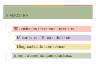 A AMOSTRA
50 pacientes de ambos os sexos
Maiores de 18 anos de idade
Diagnosticado com câncer
E em tratamento quimioterápico
 