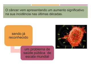 O câncer vem apresentando um aumento significativo
na sua incidência nas últimas décadas.
sendo já
reconhecido
um problema de
saúde pública de
escala mundial
 