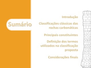 Introdução 
Classificações clássicas das rochas carbonáticas 
Principais constituintes 
Definição dos termos utilizados na classificação proposta 
Considerações finais 
 