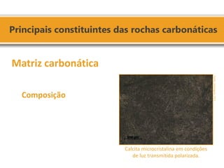 Matriz carbonática 
Calcita microcristalina em condições de luz transmitida polarizada. 
Composição 
Fonte: Domingues, 2011.  