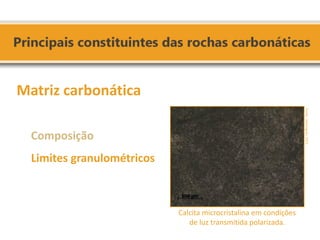 Matriz carbonática 
Calcita microcristalina em condições de luz transmitida polarizada. 
Composição Limites granulométricos 
Fonte: Domingues, 2011.  