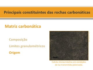 Matriz carbonática 
Calcita microcristalina em condições de luz transmitida polarizada. 
Composição 
Limites granulométricos 
Origem 
Fonte: Domingues, 2011.  