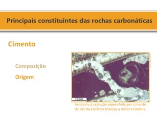 Cimento 
Composição 
Origem 
Fenda de dissolução preenchida por cimento de calcita espática blocoso a nicóis cruzados. 
Fonte: Rangel, 2002.  