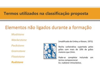 Elementos não ligados durante a formação 
Mudstone 
Wackestone 
Packstone 
Grainstone 
Floatstone 
Rudstone 
(modificado de Embry e Klovan, 1971) 
Rocha carbonática suportada pelos grãos com mais de 10% de grãos maiores que 2mm. 
Pode-se completar incluindo um termo composicional. 
Ex: rudstone intraclástico. 
 