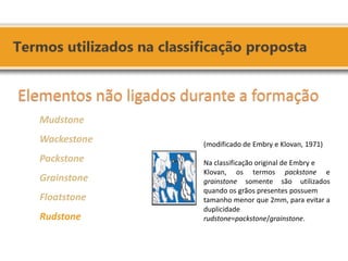 Elementos não ligados durante a formação 
Mudstone 
Wackestone 
Packstone 
Grainstone 
Floatstone 
Rudstone 
(modificado de Embry e Klovan, 1971) 
Na classificação original de Embry e 
Klovan, os termos packstone e grainstone somente são utilizados quando os grãos presentes possuem 
tamanho menor que 2mm, para evitar a duplicidade 
rudstone=packstone/grainstone.  