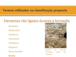 Brecha. Gr. Macaé, Cretáceo, Bacia de Campos. 
Elementos não ligados durante a formação 
Mudstone 
Wackestone 
Packstone 
Grainstone 
Floatstone 
Rudstone 
Bioacumulado 
Brecha  