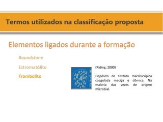 (Riding, 2000) Depósito de textura macroscópica coagulada maciça e dômica. Na maioria das vezes de origem microbial. Elementos ligados durante a formação Boundstone Estromatólito Trombolito  