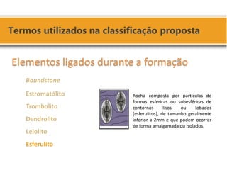Rocha composta por partículas de formas esféricas ou subesféricas de contornos lisos ou lobados (esferulitos), de tamanho geralmente inferior a 2mm e que podem ocorrer de forma amalgamada ou isolados. 
Elementos ligados durante a formação 
Boundstone 
Estromatólito 
Trombolito 
Dendrolito 
Leiolito 
Esferulito 
 