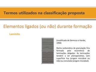 (modificado de Demicco e Hardie, 1994) Rocha carbonática de granulação fina formada pela recorrência de laminações delgadas. As laminações tendem a ser planoparalelas, com superfície lisa (origem microbial ou não) ou crenulada (origem microbial). 
Elementos ligados (ou não) durante formação 
Laminito 
 
