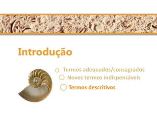 Termos adequados/consagrados 
Novos termos indispensáveis 
Termos descritivos 
 