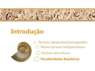 Termos adequados/consagrados 
Novos termos indispensáveis 
Termos descritivos 
Peculiaridades Brasileiras 
 