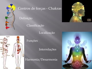 Centros de forças - Chakras
Definição
Classificação
Localização
Funções
Interrelações
Harmonia/Desarmonia
 