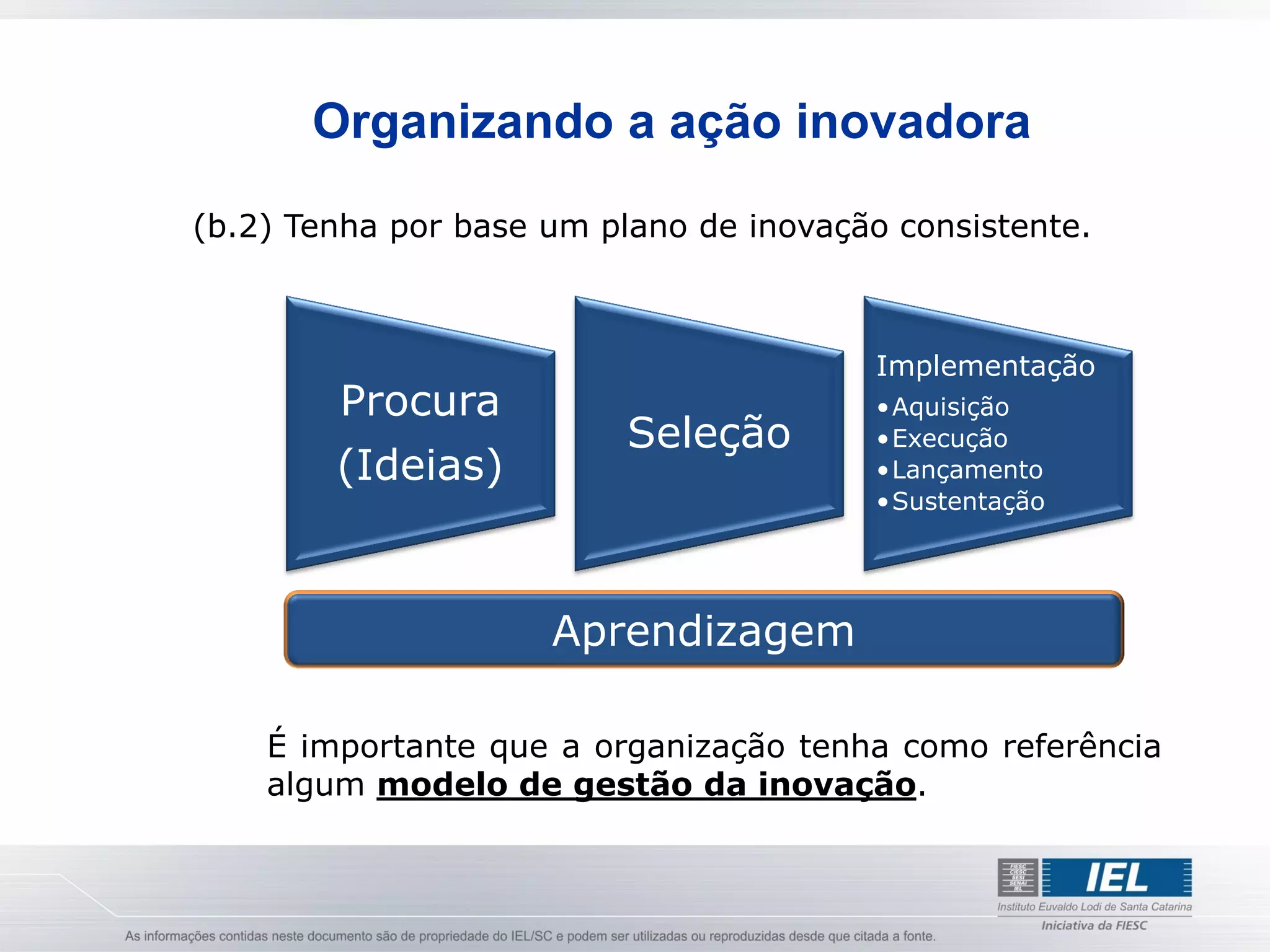 Organizando a ação inovadora

(b.2) Tenha por base um plano de inovação consistente.



                                         Implementação
        Procura                          •Aquisição
                          Seleção        •Execução
        (Ideias)                         •Lançamento
                                         •Sustentação




                     Aprendizagem

    É importante que a organização tenha como referência
    algum modelo de gestão da inovação.
 