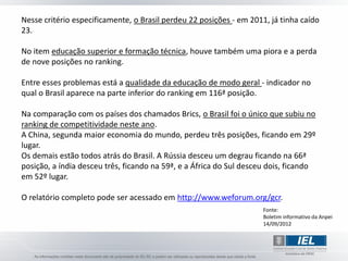 Nesse critério especificamente, o Brasil perdeu 22 posições - em 2011, já tinha caído
23.

No item educação superior e formação técnica, houve também uma piora e a perda
de nove posições no ranking.

Entre esses problemas está a qualidade da educação de modo geral - indicador no
qual o Brasil aparece na parte inferior do ranking em 116ª posição.

Na comparação com os países dos chamados Brics, o Brasil foi o único que subiu no
ranking de competitividade neste ano.
A China, segunda maior economia do mundo, perdeu três posições, ficando em 29º
lugar.
Os demais estão todos atrás do Brasil. A Rússia desceu um degrau ficando na 66ª
posição, a índia desceu três, ficando na 59ª, e a África do Sul desceu dois, ficando
em 52º lugar.

O relatório completo pode ser acessado em http://www.weforum.org/gcr.
                                                                     Fonte:
                                                                     Boletim informativo da Anpei
                                                                     14/09/2012
 