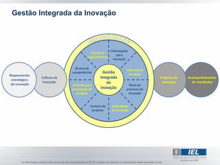 Gestão Integrada da Inovação




                                                       Informações
                                        Estrutura
                                                           para
                                      organizacional
                                                         inovação

                              Árvore de
                                                                 Laboratório
                            competências         Gestão           de ideias
Mapeamento
               Cultura da                      integrada                       Projetos de   Acompanhamento
 estratégico
                inovação                           da                           inovação       de resultados
da inovação                 Critérios para                        Fluxo do
                            priorização de     inovação          processo de
                               projetos                           inovação


                                        Carteira de    Indicadores
                                         projetos      de inovação
 