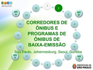 1
               16        2
MR                                     MR
 A        15                   3        B



     14   CORREDORES DE            4

              ÔNIBUS E
 13       PROGRAMAS DE                 5

             ÔNIBUS DE
     12    BAIXA-EMISSÃO           6

São Paulo, Johannesburg, Seoul, Curitiba
MR        11                   7           MR
 D                                          C
               10        8
                    9
 