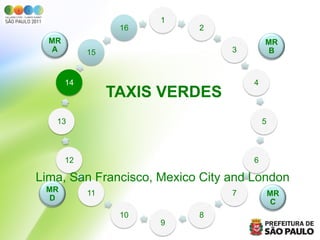 1
                  16       2
  MR                                     MR
   A        15                   3        B



       14                            4
                 TAXIS VERDES
   13                                    5



       12                            6

Lima, San Francisco, Mexico City and London
 MR         11                   7           MR
  D                                           C
                  10       8
                       9
 