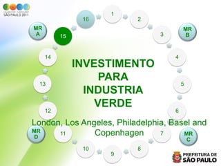 1
                16        2
MR                                      MR
 A        15                    3        B



     14                             4
               INVESTIMENTO
 13
                    PARA                5
                 INDUSTRIA
                   VERDE
     12                             6

London, Los Angeles, Philadelphia, Basel and
MR
 D
      11       Copenhagen       7     MR
                                            C
                10        8
                     9
 