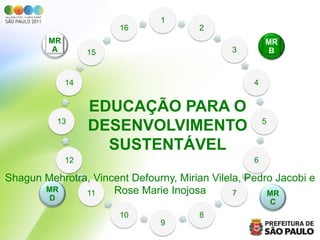 1
                        16              2
        MR                                             MR
         A         15                         3         B



              14                                   4


                   EDUCAÇÃO PARA O
             13
                   DESENVOLVIMENTO                     5


                     SUSTENTÁVEL
              12                                   6

Shagun Mehrotra, Vincent Defourny, Mirian Vilela, Pedro Jacobi e
       MR      11    Rose Marie Inojosa        7      MR
         D                                                 C
                        10              8
                                9
 
