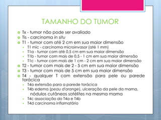 TAMANHO DO TUMOR
   Tx - tumor não pode ser avaliado
   Tis - carcinoma in situ
   T1 - tumor com até 2 cm em sua maior dimensão
       T1 mic - carcinoma microinvasor (até 1 mm)
       T1a - tumor com até 0,5 cm em sua maior dimensão
       T1b - tumor com mais de 0,5 - 1 cm em sua maior dimensão
       T1c - tumor com mais de 1 cm - 2 cm em sua maior dimensão
   T2 - tumor com mais de 2 - 5 cm em sua maior dimensão
   T3 - tumor com mais de 5 cm em sua maior dimensão
   T4 - qualquer T com extensão para pele ou parede
    torácica
       T4a extensão para a parede torácica
       T4b edema (peau d'orange), ulceração da pele da mama,
         nódulos cutâneos satélites na mesma mama
       T4c associação do T4a e T4b
       T4d carcinoma inflamatório
 