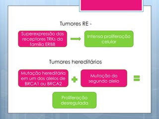 Tumores RE -
Superexpressão dos
                           Intensa proliferação
receptores TRKs da
                                  celular
   família ERBB



            Tumores hereditários

Mutação hereditária
                                Mutação do
em um dos alelos de
                               segundo alelo
 BRCA1 ou BRCA2


                Proliferação
                desregulada
 