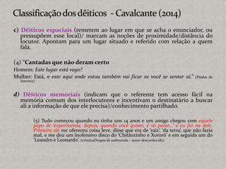 c) Dêiticos espaciais (remetem ao lugar em que se acha o enunciador, ou
pressupõem esse local)/ marcam as noções de proximidade/distância do
locutor. Apontam para um lugar situado e referido com relação a quem
fala.
(4) “Cantadas que não deram certo
Homem: Este lugar está vago?
Mulher: Está, e este aqui onde estou também vai ficar se você se sentar aí.” (Piadas da
Internet)
d) Dêiticos memoriais (indicam que o referente tem acesso fácil na
memória comum dos interlocutores e incentivam o destinatário a buscar
ali a informação de que ele precisa)/conhecimento partilhado.
(5) Tudo começou quando eu tinha uns 14 anos e um amigo chegou com aquele
papo de ‘experimenta, depois, quando você quiser, é só parar...’ e eu fui na dele.
Primeiro ele me ofereceu coisa leve, disse que era de ‘raiz’, ‘da terra’, que não fazia
mal, e me deu um inofensivo disco do ‘Chitãozinho e Xororó’ e em seguida um do
‘Leandro e Leonardo’. (crônicaDrogas do submundo – autor desconhecido)
 