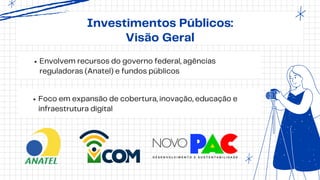 Investimentos Públicos:
Visão Geral
Envolvem recursos do governo federal, agências
reguladoras (Anatel) e fundos públicos
Foco em expansão de cobertura, inovação, educação e
infraestrutura digital
 