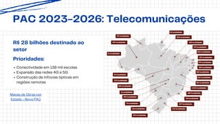 PAC 2023-2026: Telecomunicações
Mapas de Obras por
Estado - Novo PAC
Conectividade em 138 mil escolas
Expansão das redes 4G e 5G
Construção de infovias ópticas em
regiões remotas
Prioridades:
R$ 28 bilhões destinado ao
setor
 