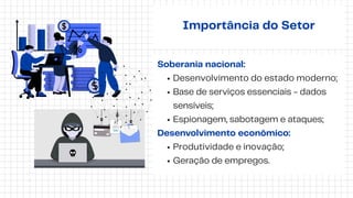 Soberania nacional:
Desenvolvimento do estado moderno;
Base de serviços essenciais - dados
sensíveis;
Espionagem, sabotagem e ataques;
Desenvolvimento econômico:
Produtividade e inovação;
Geração de empregos.
Importância do Setor
 