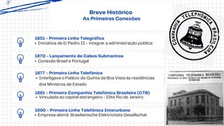 Breve Histórico
As Primeiras Conexões
1870 - Lançamento de Cabos Submarinos
Conexão Brasil e Portugal
1877 - Primeira Linha Telefônica
Interligava o Palácio do Quinta da Boa Vista às residências
dos Ministros de Estado
1881 - Primeira Companhia Telefônica Brasileira (CTB)
Vinculada ao capital estrangeiro - Elite Rio de Janeiro
1890 - Primeira Linha Telefônica Interurbana
Empresa alemã Brasilianische Elektricitats Gesellschat
1851 - Primeira Linha Telegráfica
Iniciativa de D. Pedro II - integrar a administração pública
 