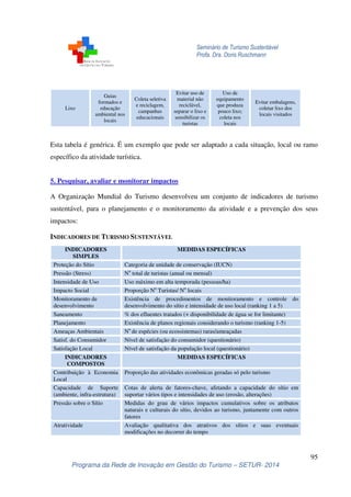 Seminário de Turismo Sustentável
Profa. Dra. Doris Ruschmann
95
Programa da Rede de Inovação em Gestão do Turismo – SETUR- 2014
Lixo
Guias
formados e
educação
ambiental nos
locais
Coleta seletiva
e reciclagem,
campanhas
educacionais
Evitar uso de
material não
reciclável,
separar o lixo e
sensibilizar os
turistas
Uso de
equipamento
que produza
pouco lixo;
coleta nos
locais
Evitar embalagens,
coletar lixo dos
locais visitados
Esta tabela é genérica. É um exemplo que pode ser adaptado a cada situação, local ou ramo
específico da atividade turística.
5. Pesquisar, avaliar e monitorar impactos
A Organização Mundial do Turismo desenvolveu um conjunto de indicadores de turismo
sustentável, para o planejamento e o monitoramento da atividade e a prevenção dos seus
impactos:
INDICADORES DE TURISMO SUSTENTÁVEL
INDICADORES
SIMPLES
MEDIDAS ESPECÍFICAS
Proteção do Sítio Categoria de unidade de conservação (IUCN)
Pressão (Stress) No
total de turistas (anual ou mensal)
Intensidade de Uso Uso máximo em alta temporada (pessoas/ha)
Impacto Social Proporção No
Turistas/ No
locais
Monitoramento de
desenvolvimento
Existência de procedimentos de monitoramento e controle do
desenvolvimento do sítio e intensidade de uso local (ranking 1 a 5)
Saneamento % dos efluentes tratados (+ disponibilidade de água se for limitante)
Planejamento Existência de planos regionais considerando o turismo (ranking 1-5)
Ameaças Ambientais No
de espécies (ou ecossistemas) raras/ameaçadas
Satisf. do Consumidor Nível de satisfação do consumidor (questionário)
Satisfação Local Nível de satisfação da população local (questionário)
INDICADORES
COMPOSTOS
MEDIDAS ESPECÍFICAS
Contribuição à Economia
Local
Proporção das atividades econômicas geradas só pelo turismo
Capacidade de Suporte
(ambiente, infra-estrutura)
Cotas de alerta de fatores-chave, afetando a capacidade do sítio em
suportar vários tipos e intensidades de uso (erosão, alterações)
Pressão sobre o Sítio Medidas do grau de vários impactos cumulativos sobre os atributos
naturais e culturais do sítio, devidos ao turismo, juntamente com outros
fatores
Atratividade Avaliação qualitativa dos atrativos dos sítios e suas eventuais
modificações no decorrer do tempo
 