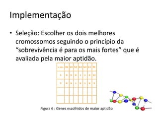 ImplementaçãoSeleção: Escolher os dois melhores cromossomos seguindo o princípio da “sobrevivência é para os mais fortes” que é avaliada pela maior aptidão.Figura 6 : Genes escolhidos de maior aptidão