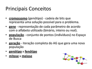 Principais Conceitoscromossomo (genótipo) - cadeia de bits que representa uma solução possível para o problema. gene - representação de cada parâmetro de acordo com o alfabeto utilizado (binário, inteiro ou real). população - conjunto de pontos (indivíduos) no Espaço de Busca geração - iteração completa do AG que gera uma nova população genótipo x fenótipomitose x meiose