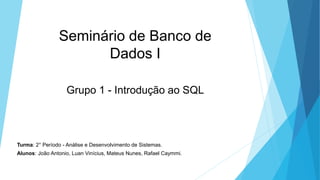 Seminário de Banco de
Dados I
Grupo 1 - Introdução ao SQL
Turma: 2° Período - Análise e Desenvolvimento de Sistemas.
Alunos: João Antonio, Luan Vinícius, Mateus Nunes, Rafael Caymmi.
 