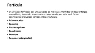 Partícula 
• Os vírus são formados por um agregado de moléculas mantidas unidas por forças 
secundárias, formando uma estrutura denominada partícula viral. Este é 
constituído por diversos componentes estruturais: 
• Ácido nucleico 
• Capsídeo 
• Nucleocapsídeo 
• Capsômeros 
• Envelope 
• Peplômeros (espículas). 
 